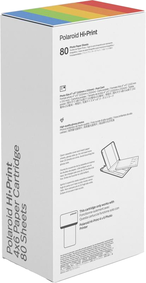 Polaroid Hi-Print 4x6 Papierpatronenbox. Sie hat eine bunte Oberseite, 80 Blatt und Produktinformationen.
