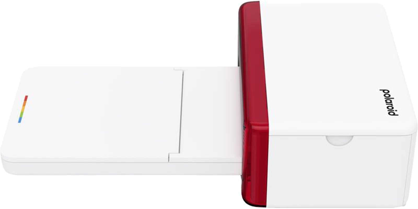 Ein weißer Polaroid-Drucker mit roter Seite. Auf der linken Seite befindet sich eine Regenbogenfarbene Linie. Das Polaroid-Logo steht oben rechts.