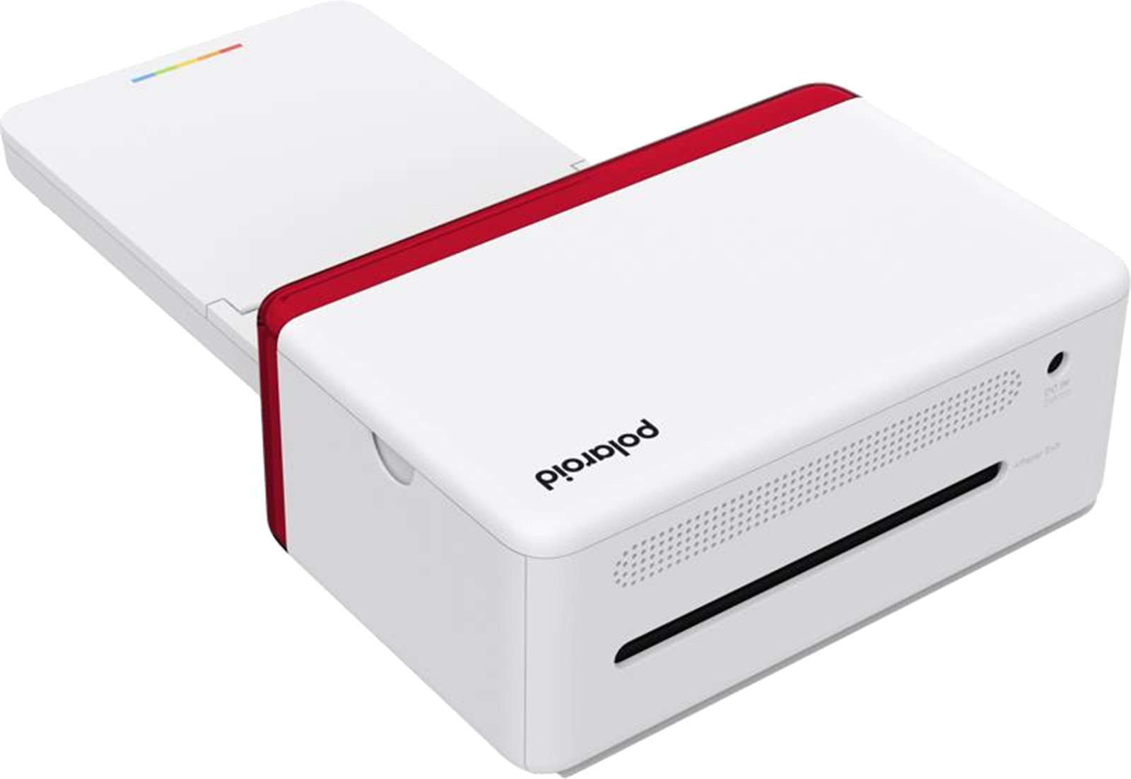Ein weißer Polaroid-Drucker mit roter Akzentfarbe. Er hat eine offene Oberseite und einen schwarzen Ausgabeschlitz. Das Polaroid-Logo ist sichtbar.