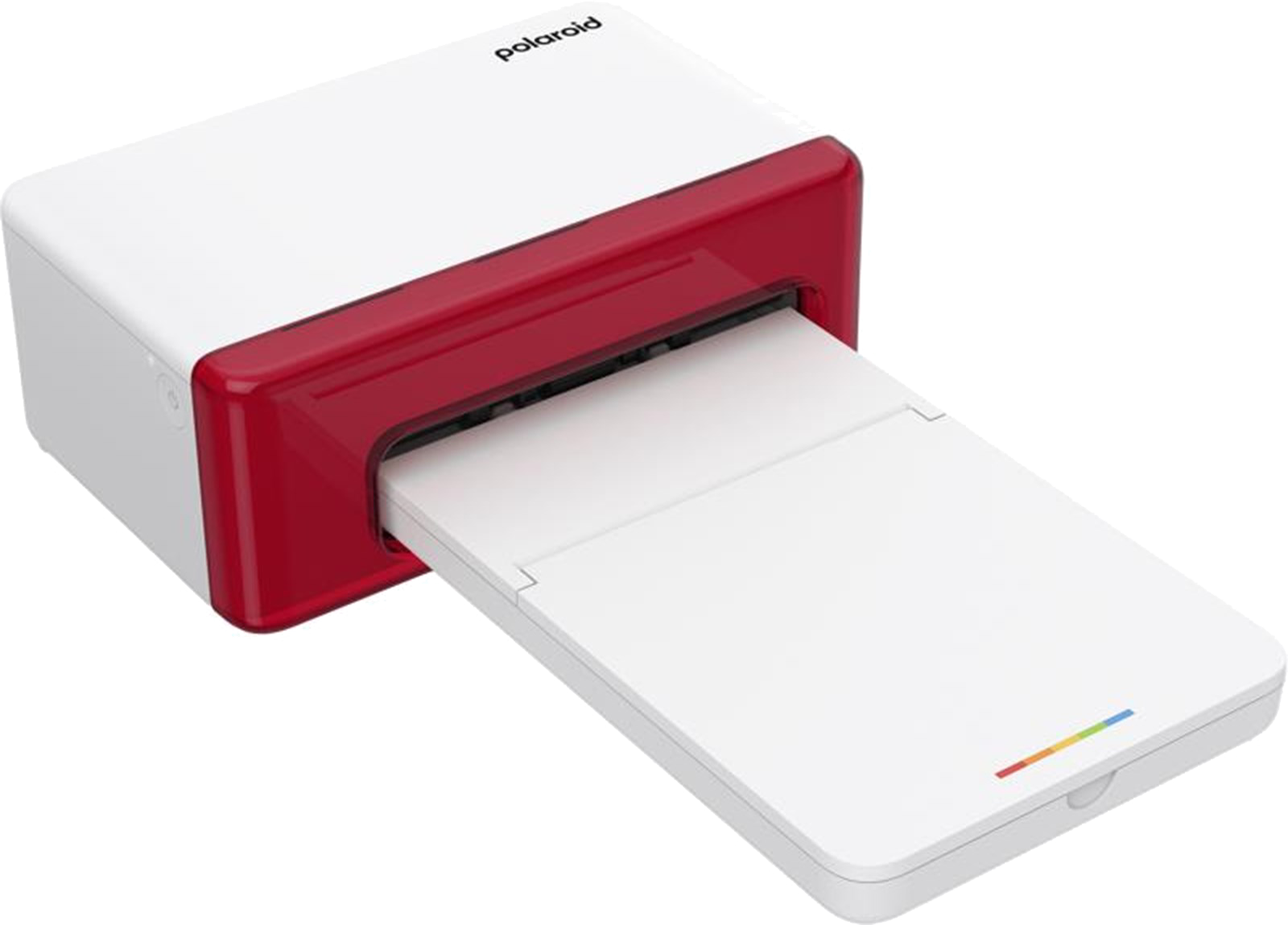 Ein weiß-roter Polaroid-Fotodrucker mit einem weißen Foto, das herauskommt. Der Drucker hat das Polaroid-Logo oben.