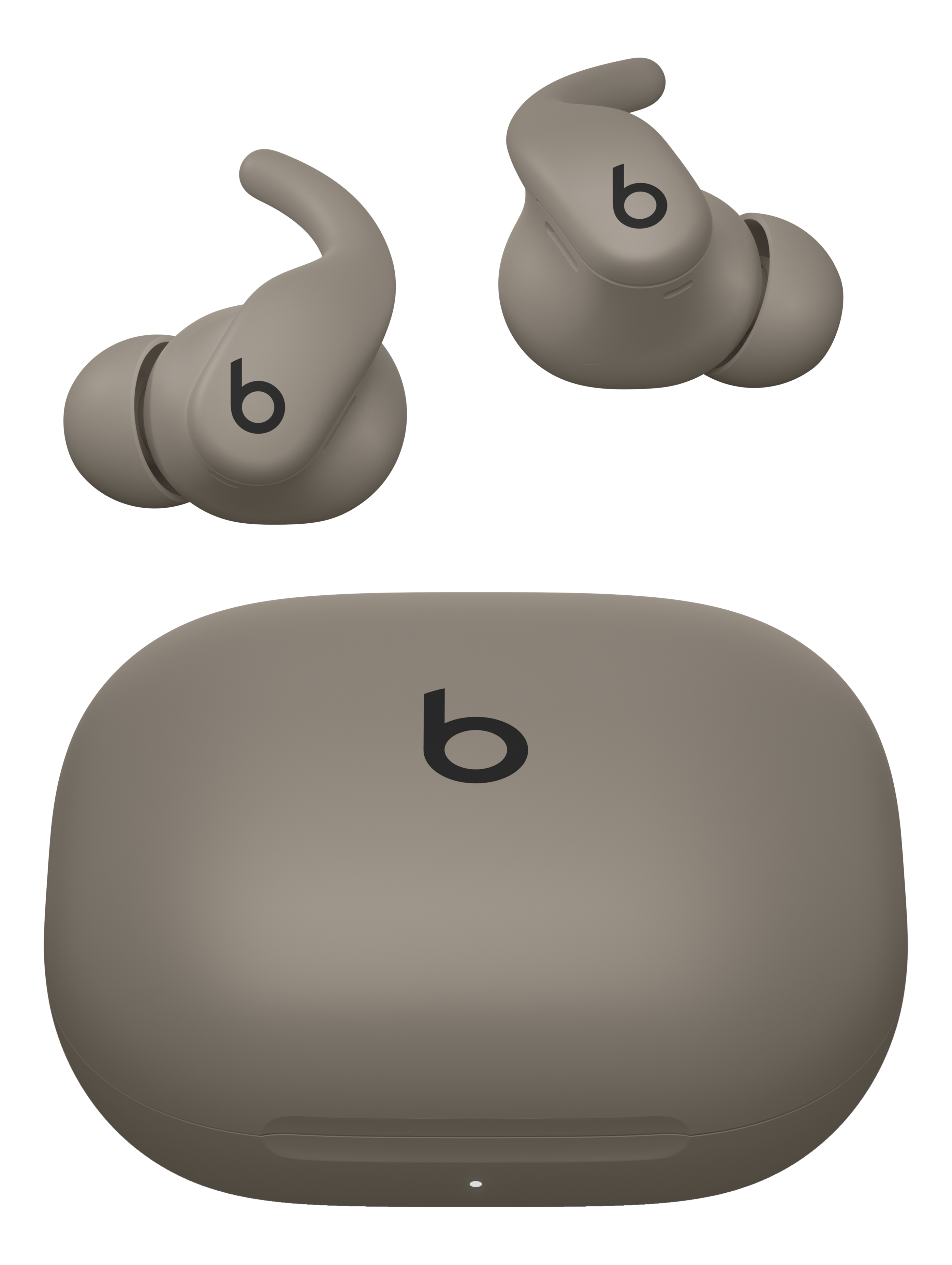 Beats kabellose Ohrhörer und Ladecase, alles in Beige, auf schwarzem Hintergrund.