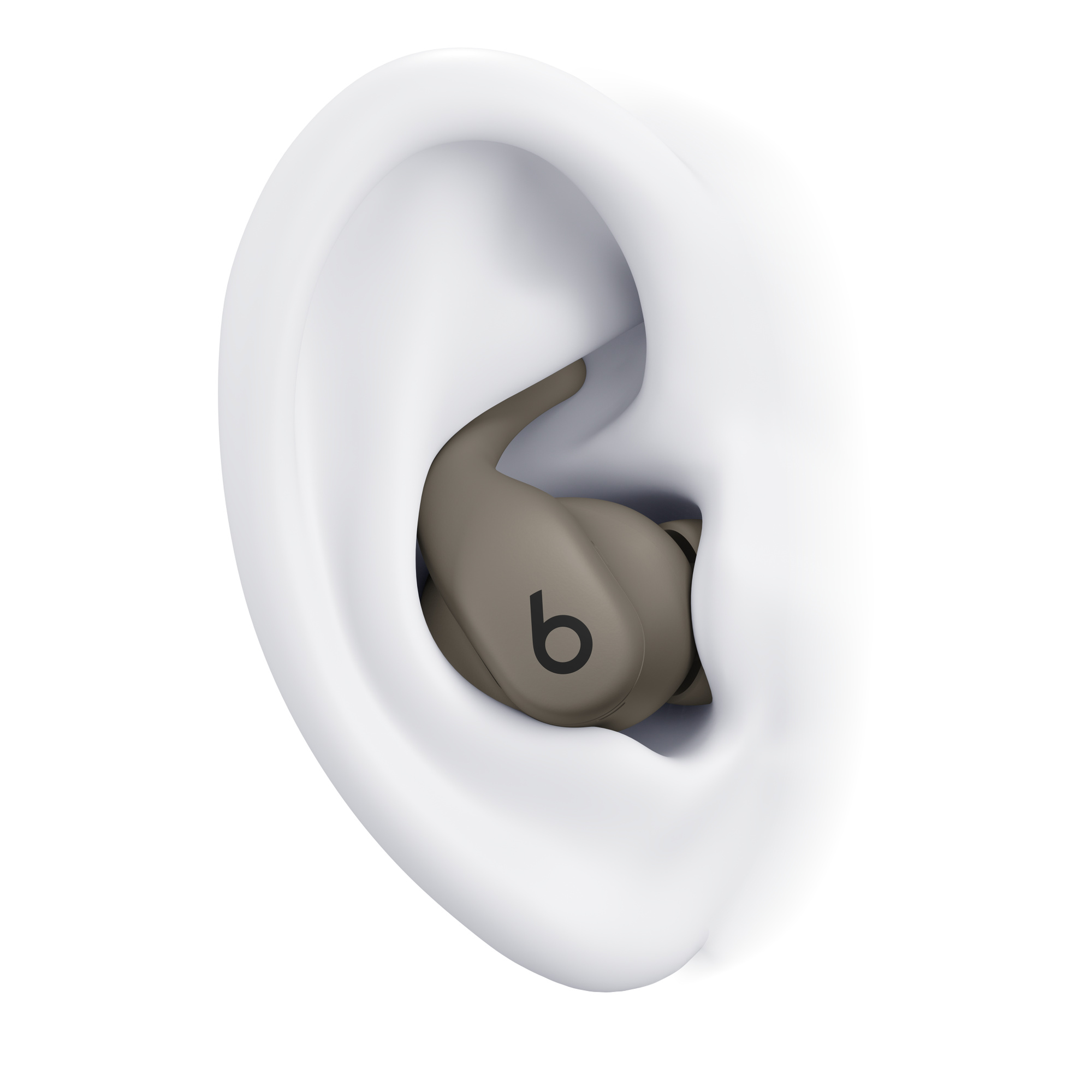 Ein beiger Beats-Ohrhörer ist in ein weißes Ohrmodell eingesetzt. Das Beats-Logo ist sichtbar.