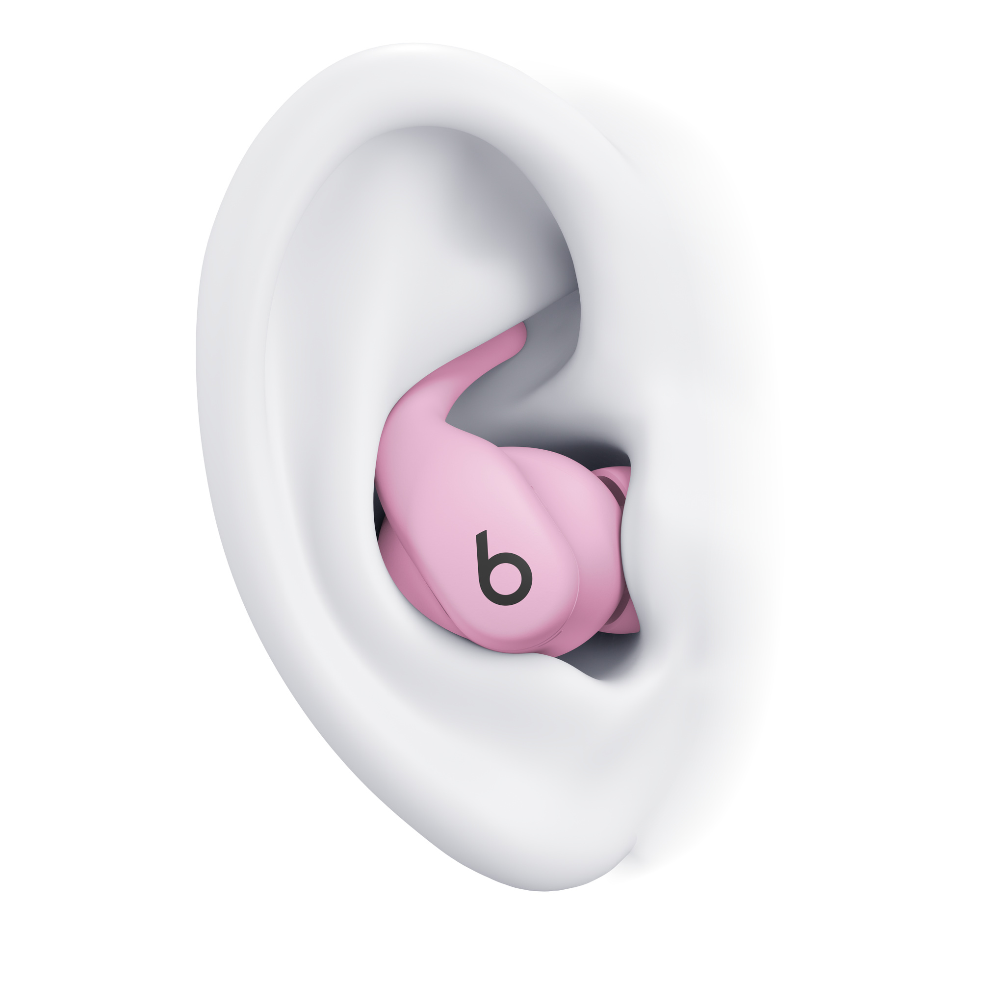 Ein rosafarbener Beats-Ohrhörer in einem weißen Ohr. Der Ohrhörer hat ein schwarzes 'b'-Logo. Das Ohr ist weiß mit grauer Schattierung.