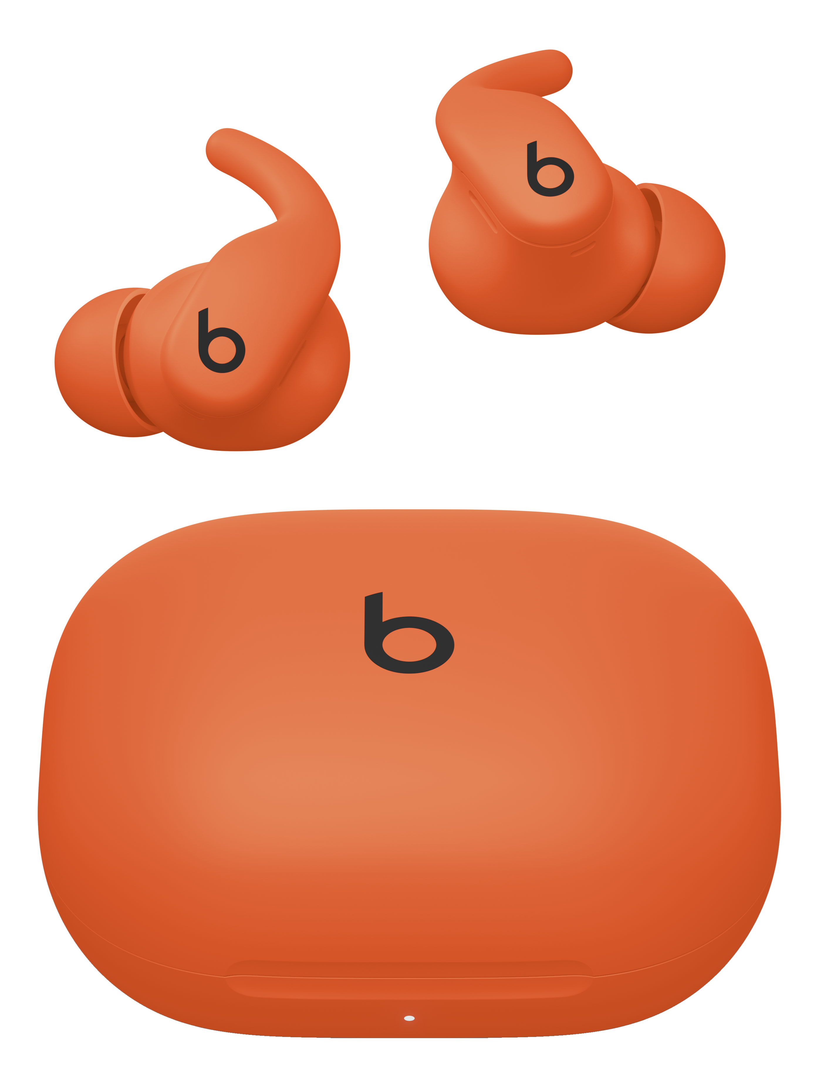 Orangefarbene Beats-Kopfhörer und -Etui auf schwarzem Hintergrund. Jeder Artikel hat ein schwarzes 'b'-Logo.
