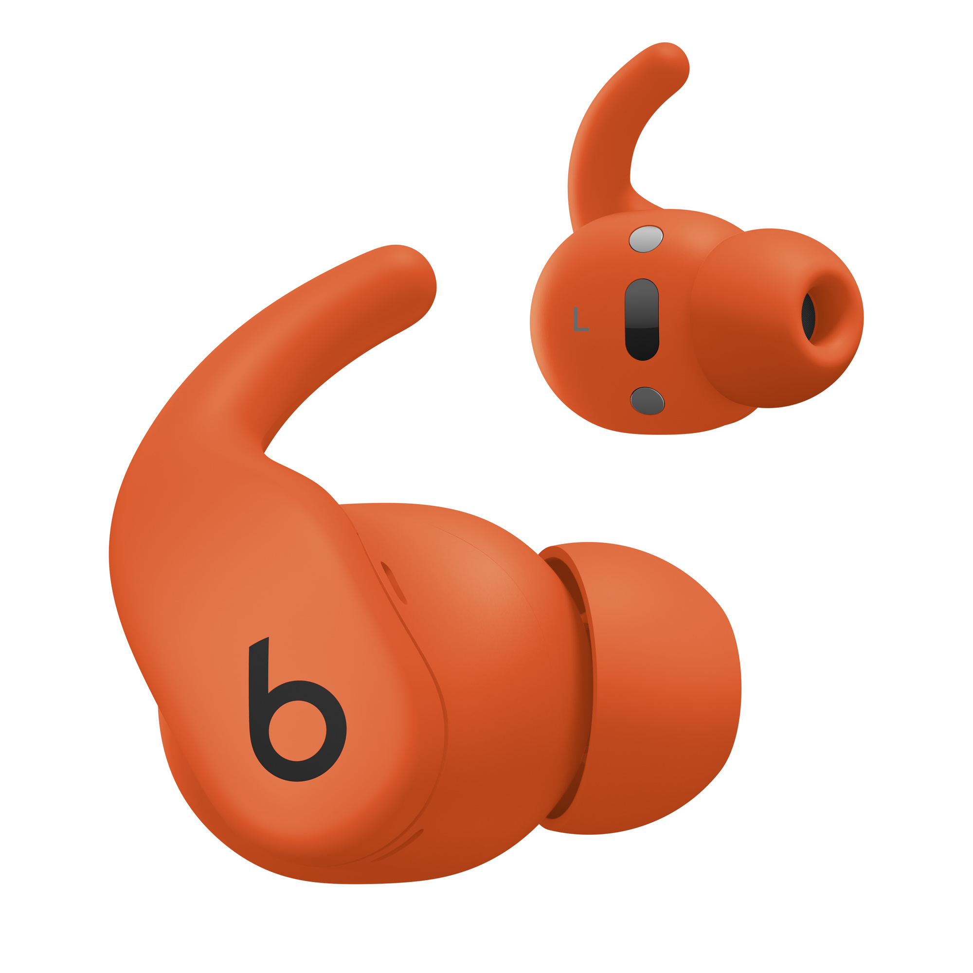 Zwei orangefarbene Beats-Ohrhörer mit dem 'b'-Logo, einer mit 'L'-Markierung. Weißer Hintergrund.