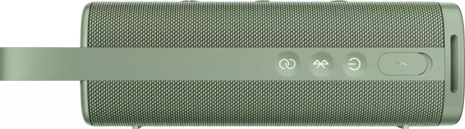 Un altoparlante portatile verde con pulsanti per accensione, Bluetooth e volume. Ha una maniglia sul lato sinistro.