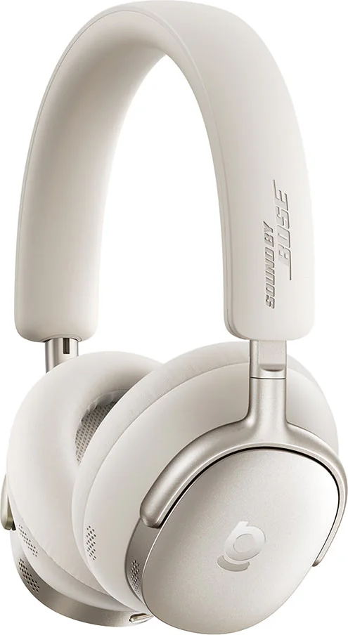 Cuffie Bose bianche con dettagli argentati. L'archetto si curva sopra, collegandosi ai padiglioni auricolari. Il logo Bose è visibile.