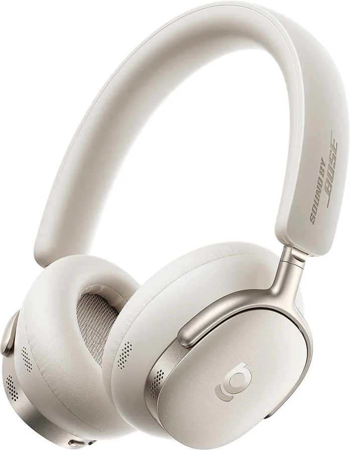 Cuffie Bose bianche e argento su sfondo bianco. Le cuffie sono over-ear con archetto imbottito.
