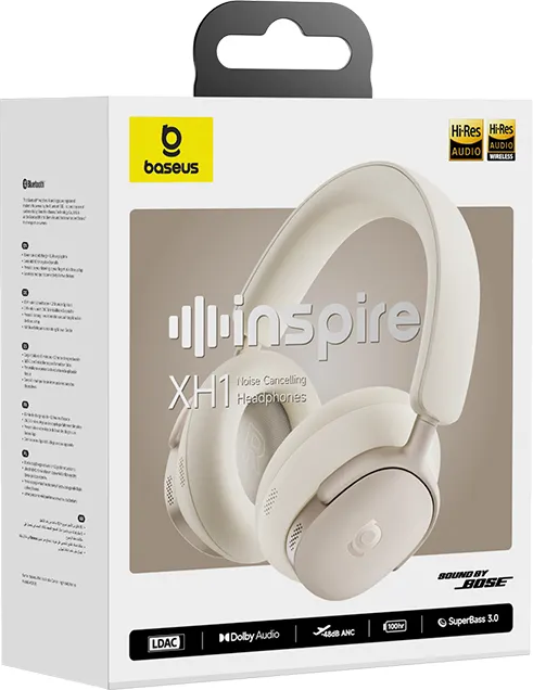 Scatola di cuffie con cancellazione del rumore Baseus Inspire XH1. Sulla parte anteriore sono mostrate cuffie bianche. Sono mostrati i loghi per l'audio ad alta risoluzione e Dolby Audio.