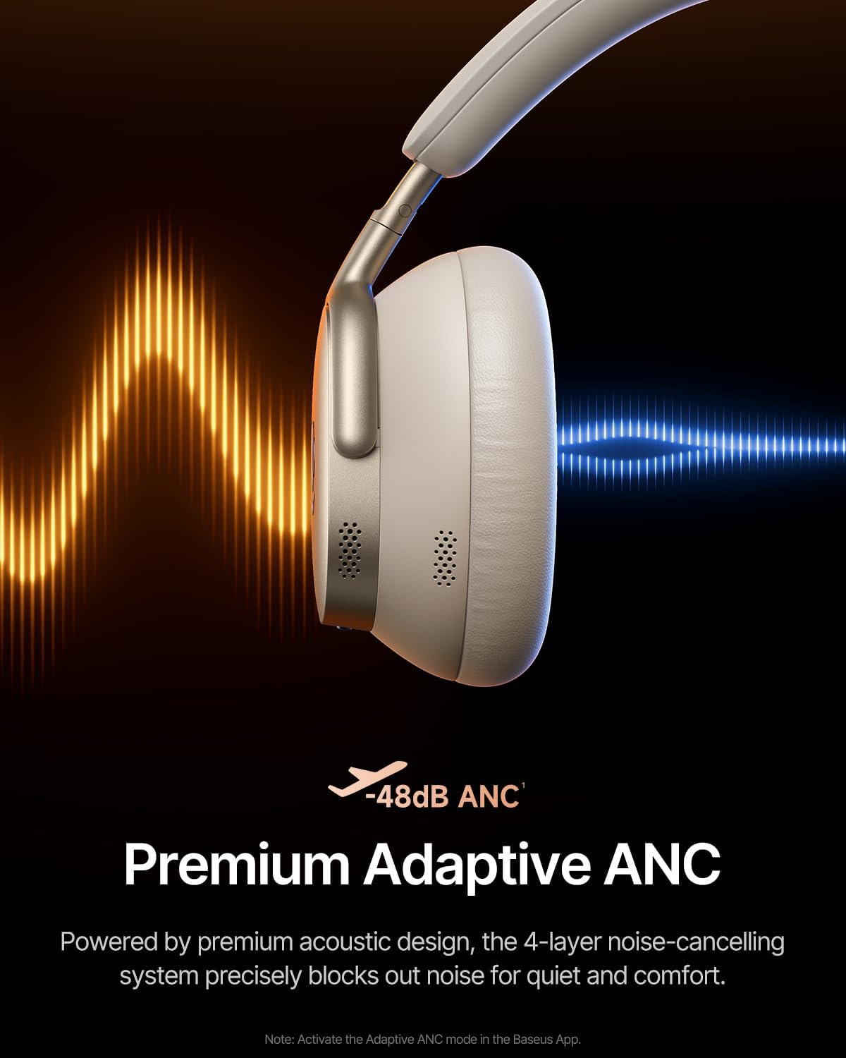Cuffie bianche e argento. Il testo recita '-48dB ANC' e 'Premium Adaptive ANC'. Uno sfondo nero con onde sonore arancioni e blu.