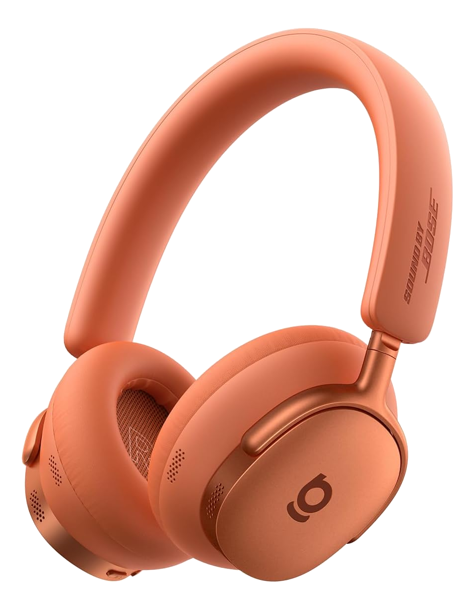 Nahaufnahme orangefarbener Bose-Kopfhörer. Die Kopfhörer sind Over-Ear-Kopfhörer mit gepolstertem Bügel und Ohrmuscheln. Der Hintergrund ist schwarz.