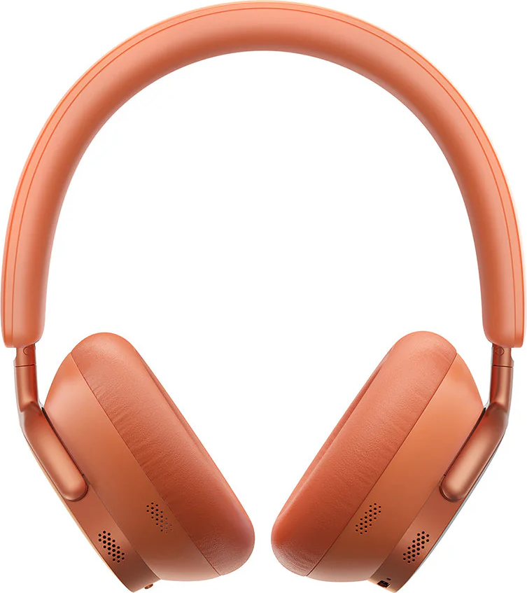 Over-Ear-Kopfhörer in Orange. Die Kopfhörer haben ein gepolstertes Kopfband und Ohrmuscheln. Der Hintergrund ist weiß.