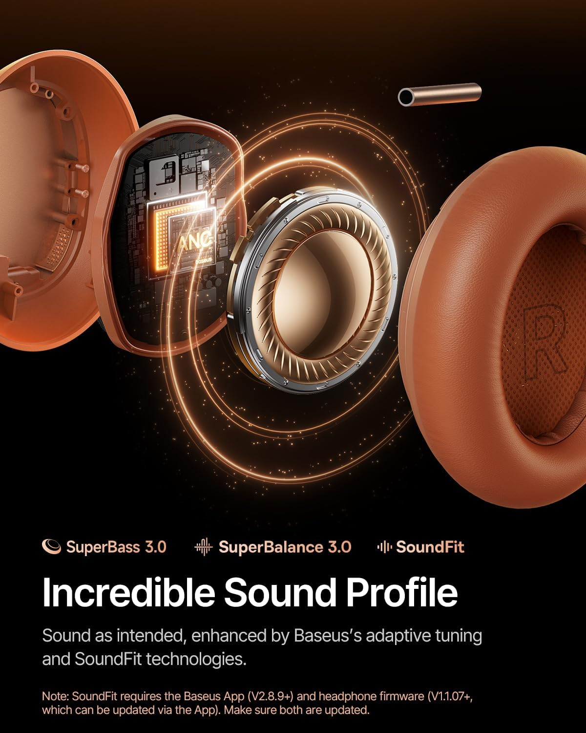 Kopfhörer mit sichtbaren Innenkomponenten und einem Lautsprecher. Text: SuperBass, SuperBalance, SoundFit und Incredible Sound Profile.