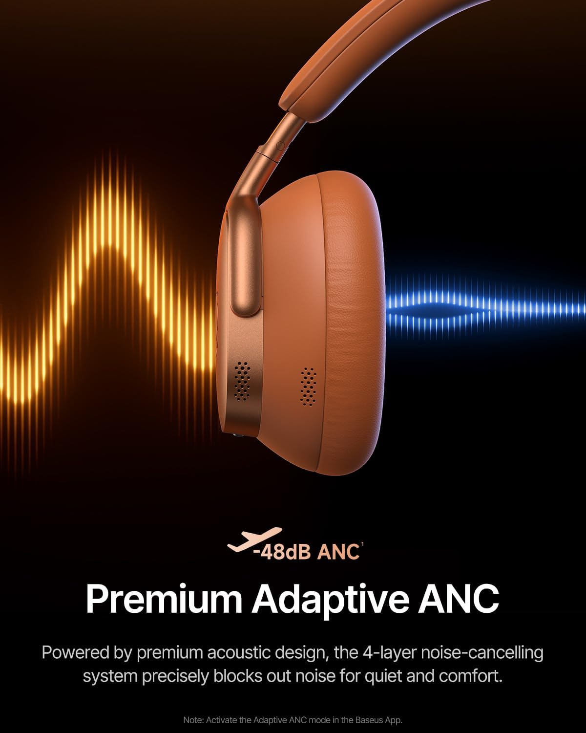 Braune Kopfhörer auf schwarzem Hintergrund. Orange und blaue Schallwelleneffekte. Text: 'Premium Adaptive ANC' und '-48dB ANC'.