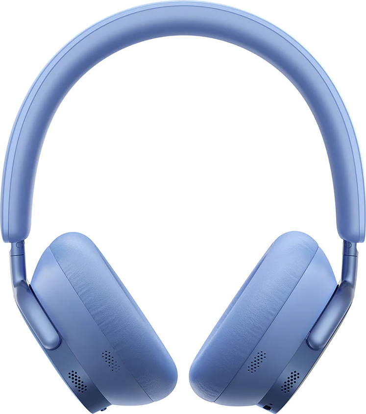 Un paio di cuffie over-ear azzurre. L'archetto si curva sopra la parte superiore, collegandosi ai padiglioni. I padiglioni hanno fori di ventilazione.