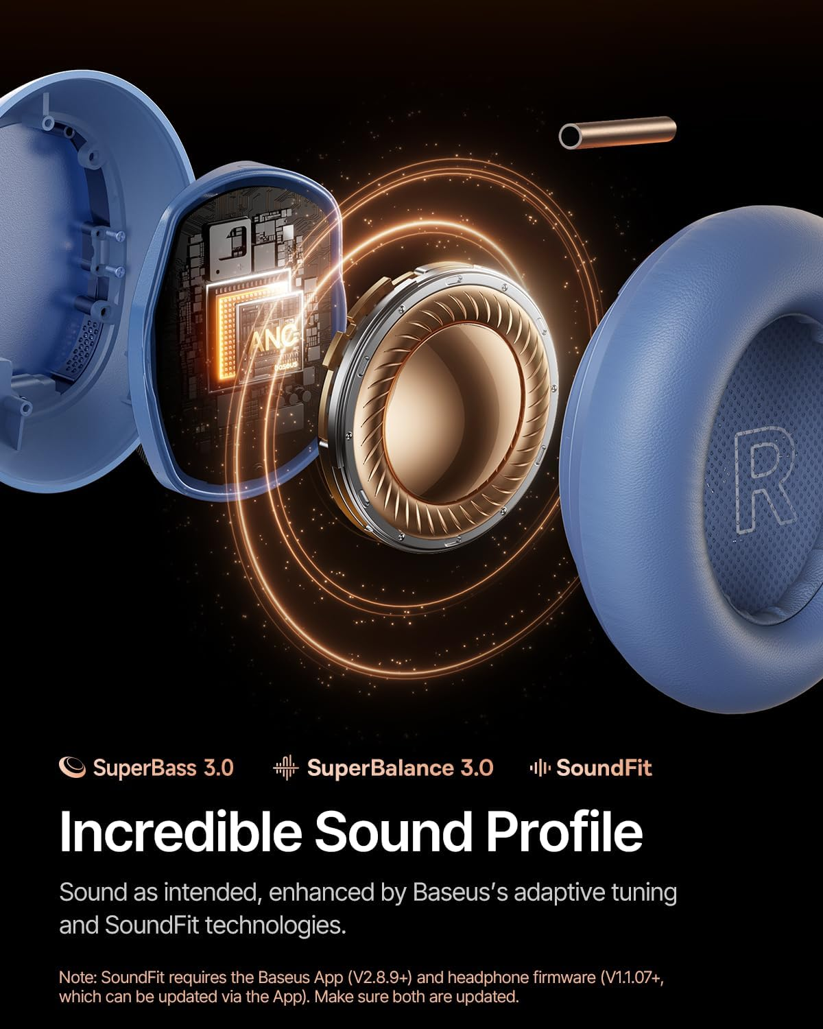 Cuffie blu con componenti interni esposti. Altoparlante dorato ed effetti di onde sonore luminose. Il testo recita 'Incredible Sound Profile'.