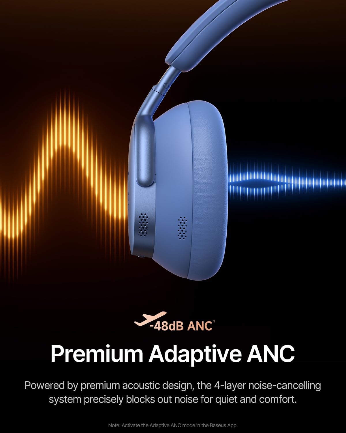 Cuffia blu dal design curvo. Lo sfondo presenta grafici di onde sonore arancioni e blu con la scritta 'Premium Adaptive ANC'.