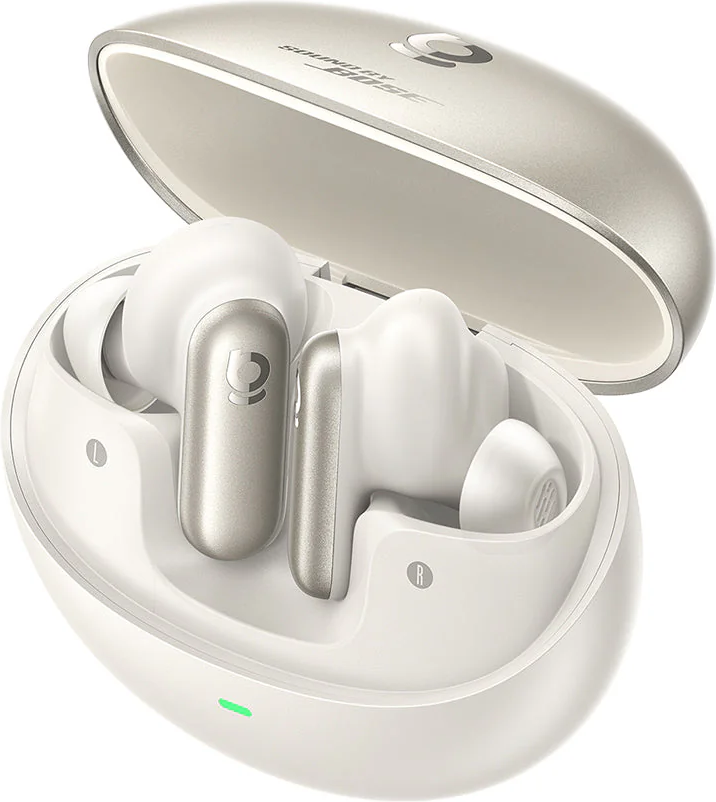 Weiße und silberne kabellose Ohrhörer in einem offenen Ladeetui. Das Etui ist oval und die Ohrhörer sind von Bose.