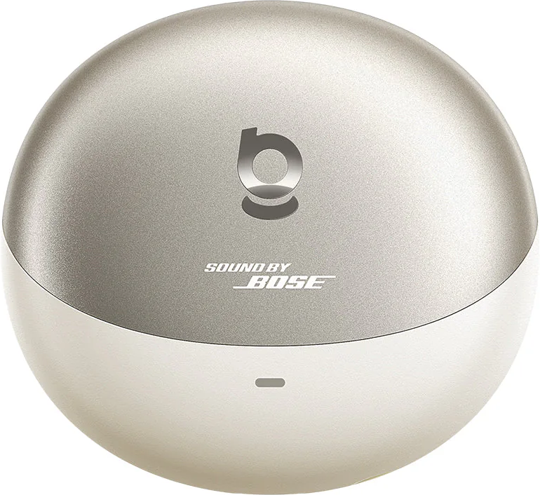 Ein silberner und weißer Bose-Lautsprecher. Oben befindet sich ein 'b'-Logo und darunter steht 'SOUND BY BOSE'. Unten ist eine kleine Linie.