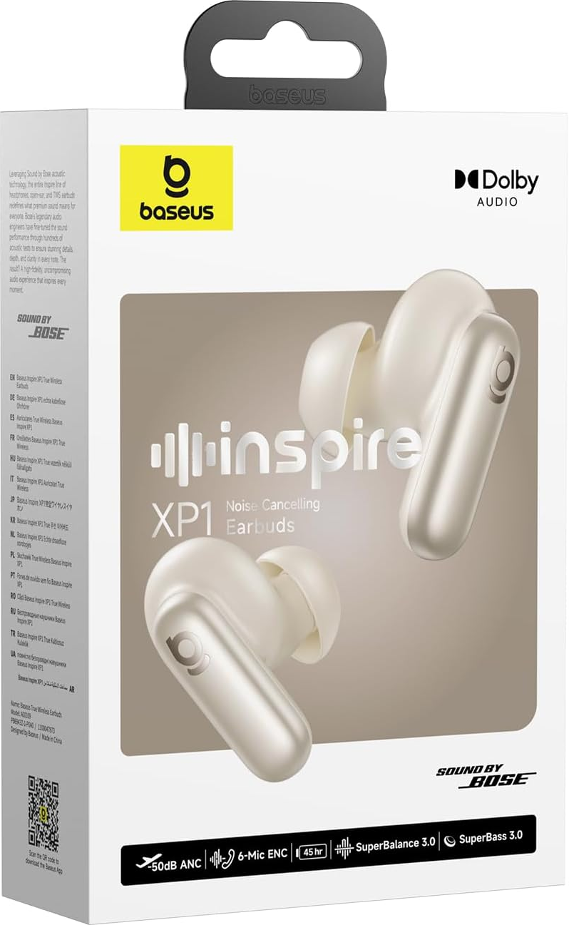 Weiße Baseus XP1-Ohrhörer auf einer Schachtel. Die Schachtel hat Text und Logos für Bose und Dolby Audio. Die Ohrhörer sind kabellos.