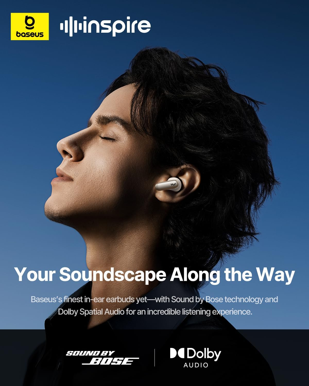Ein Mann mit Ohrhörern, die Augen geschlossen, blickt nach oben. Das Bild wirbt für Baseus-Ohrhörer mit Bose- und Dolby-Branding.