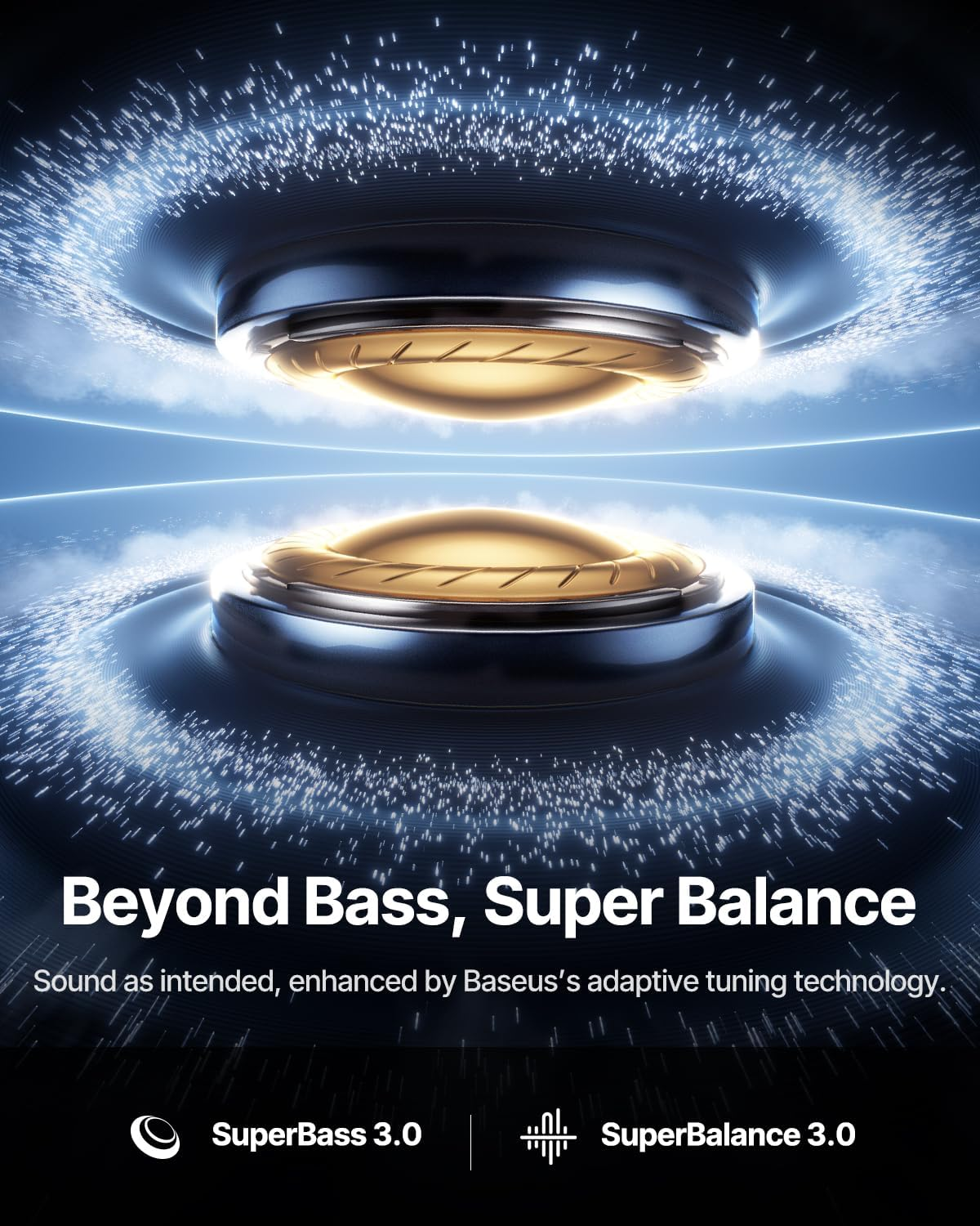 Das Bild zeigt zwei goldene Lautsprecherkomponenten mit blauen Partikeleffekten. Der Text lautet 'Beyond Bass, Super Balance' und 'SuperBass 3.0'.