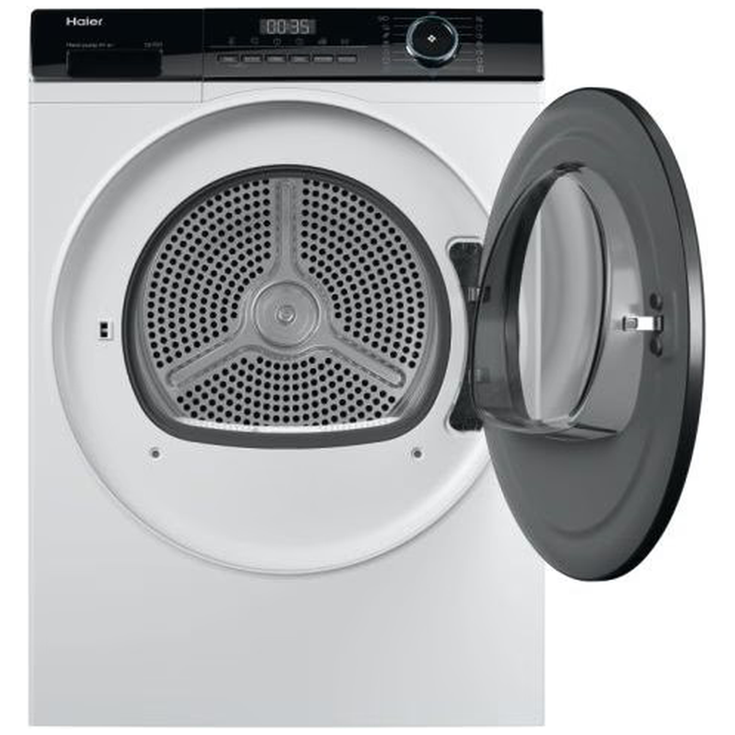 White Haier dryer with an open gray door. The inside drum is visible with a perforated design. Top has control panel and display.