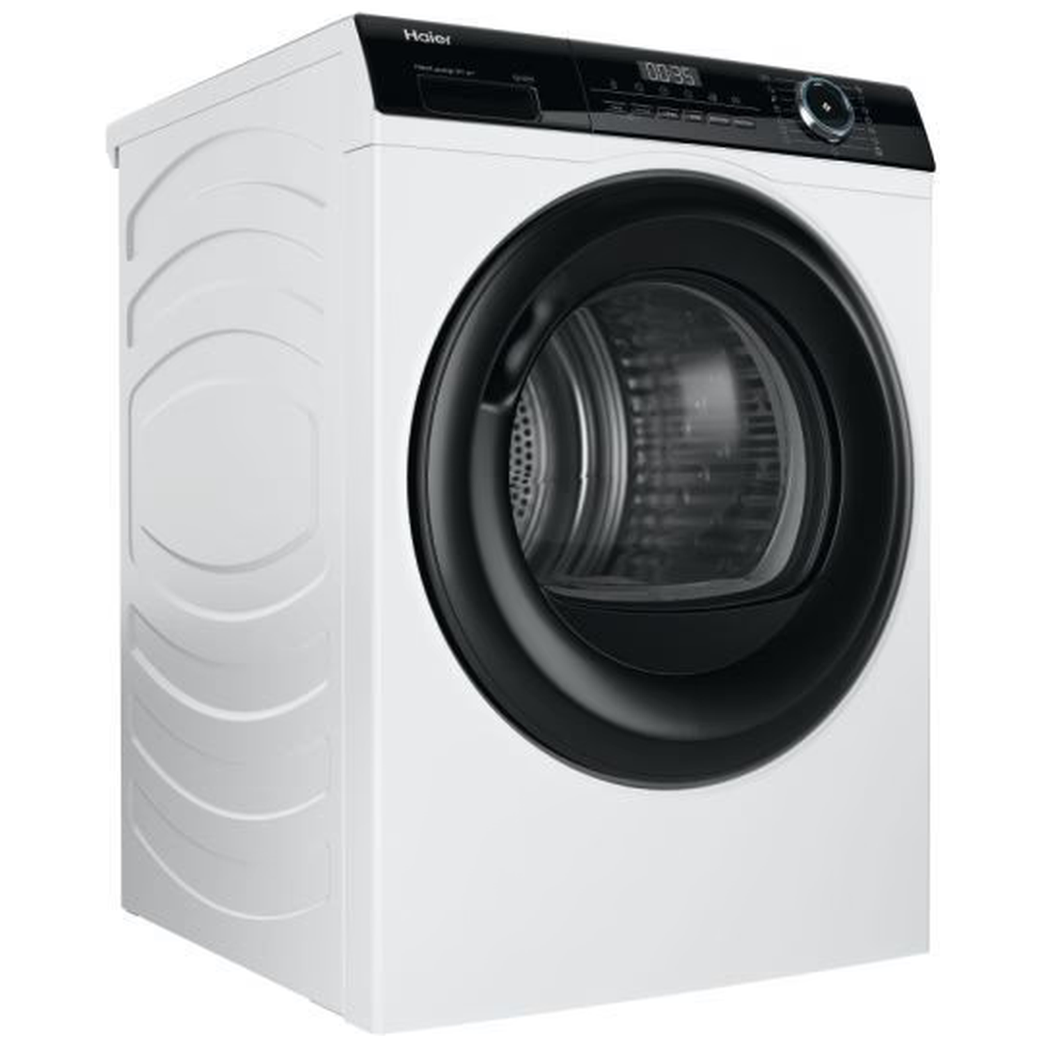A white Haier dryer. It has a black door and control panel. The door is round, and the control panel displays numbers.