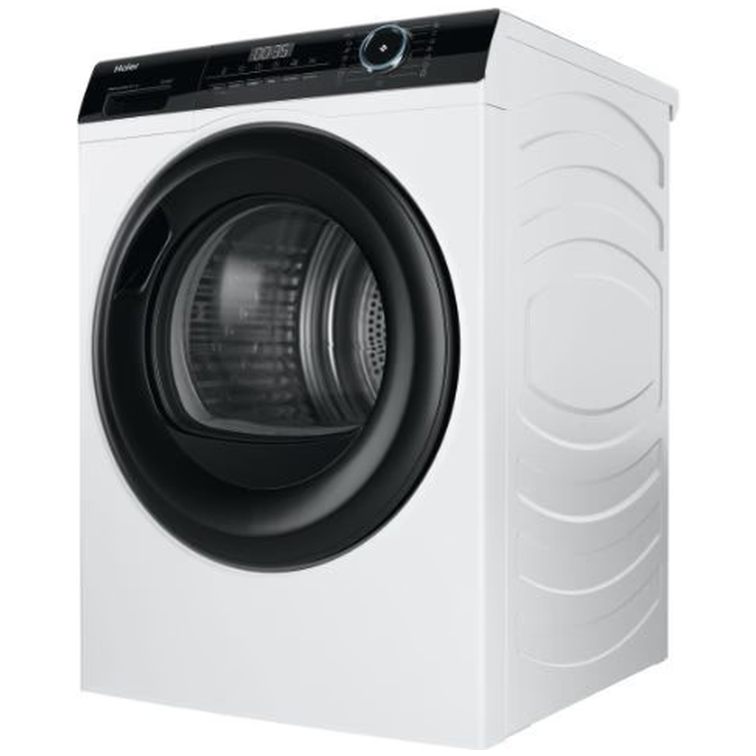 White washing machine with black door and control panel. Curved design on the side.