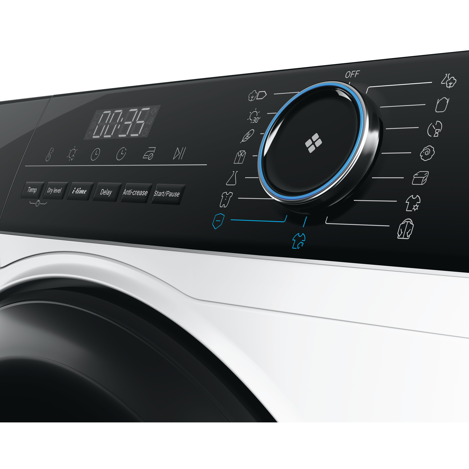 Close-up of a washing machine control panel. Digital display shows 00:35. Features include temperature, dry level, i-time, delay, anti-crease, and start/pause.