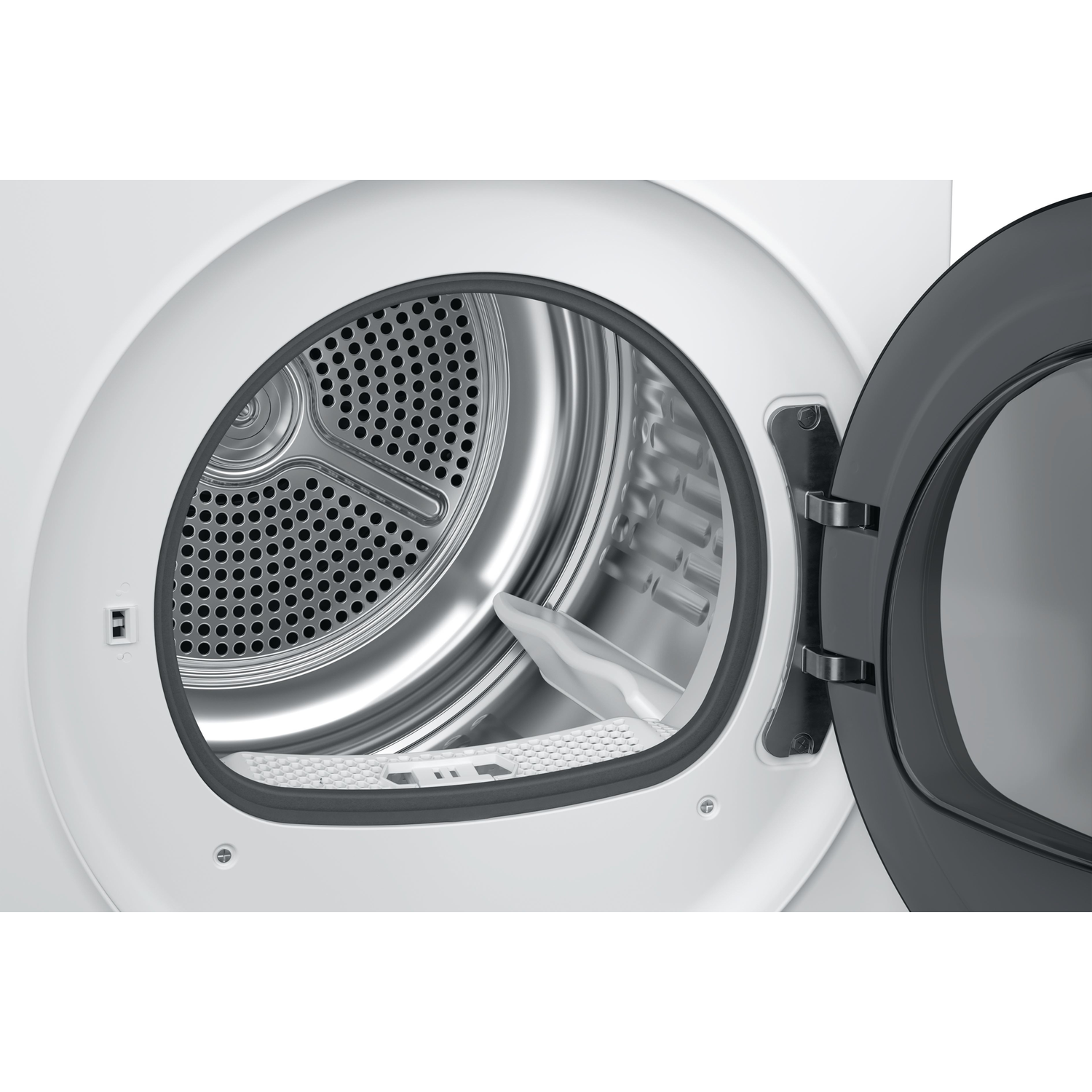 A close-up of a white dryer with the door open. Inside, a perforated stainless steel drum is visible. The door is dark gray.