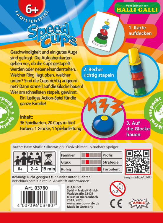 Schachtel für das Spiel Speed Cups. Sie zeigt Becher, eine Glocke und Text mit Anweisungen. Es ist ein Familienspiel ab 6 Jahren.