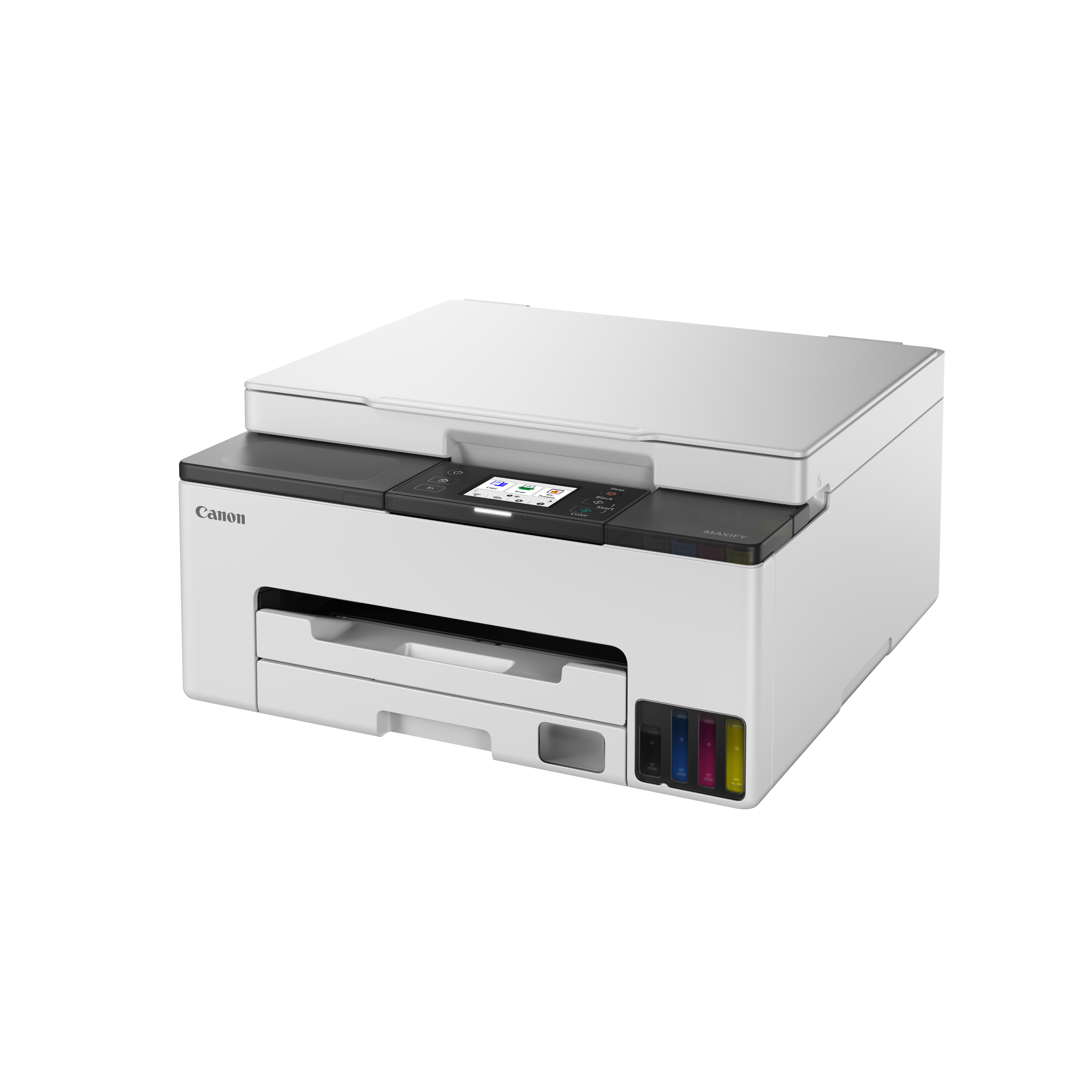Ein Canon MAXIFY-Drucker auf weißem Hintergrund. Er hat einen Scanner, ein Display und Tintenpatronen.