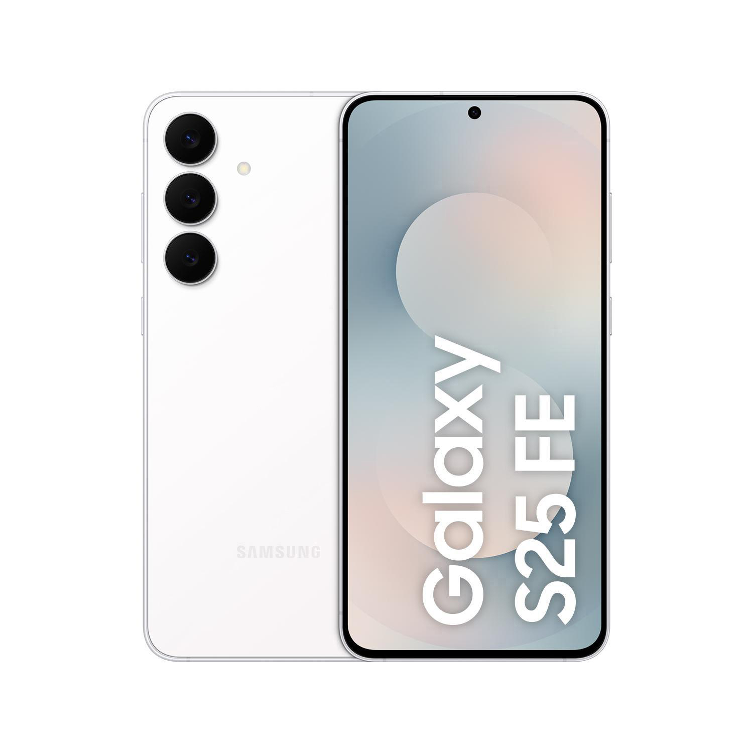 Ein weißes Samsung Galaxy S25 FE Smartphone. Das Telefon wird von vorne und hinten gezeigt, wobei der Bildschirm Galaxy S25 FE anzeigt.