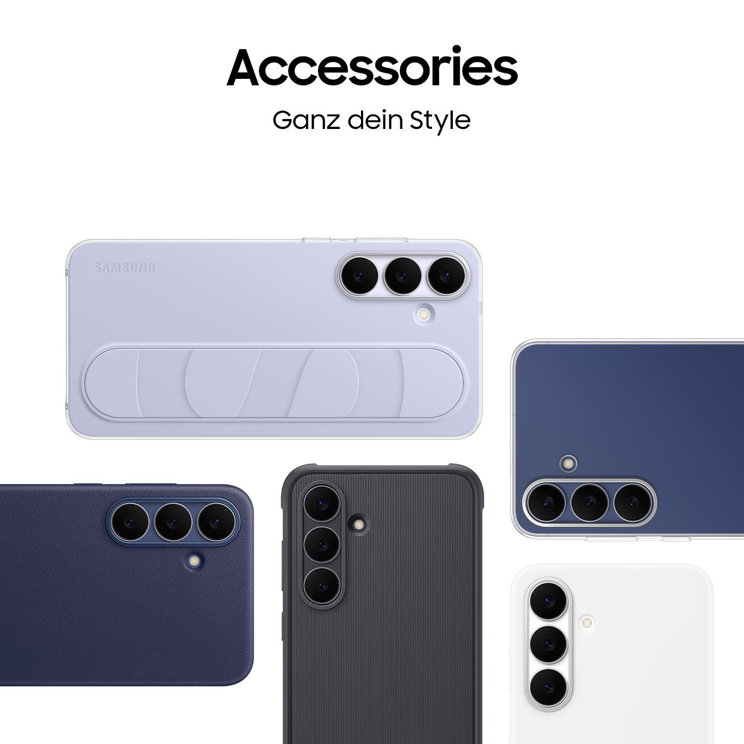 Das Bild zeigt Telefonzubehör. Text oben: Zubehör. Text unten: Ganz dein Stil. Verschiedene Handyhüllen in verschiedenen Farben.