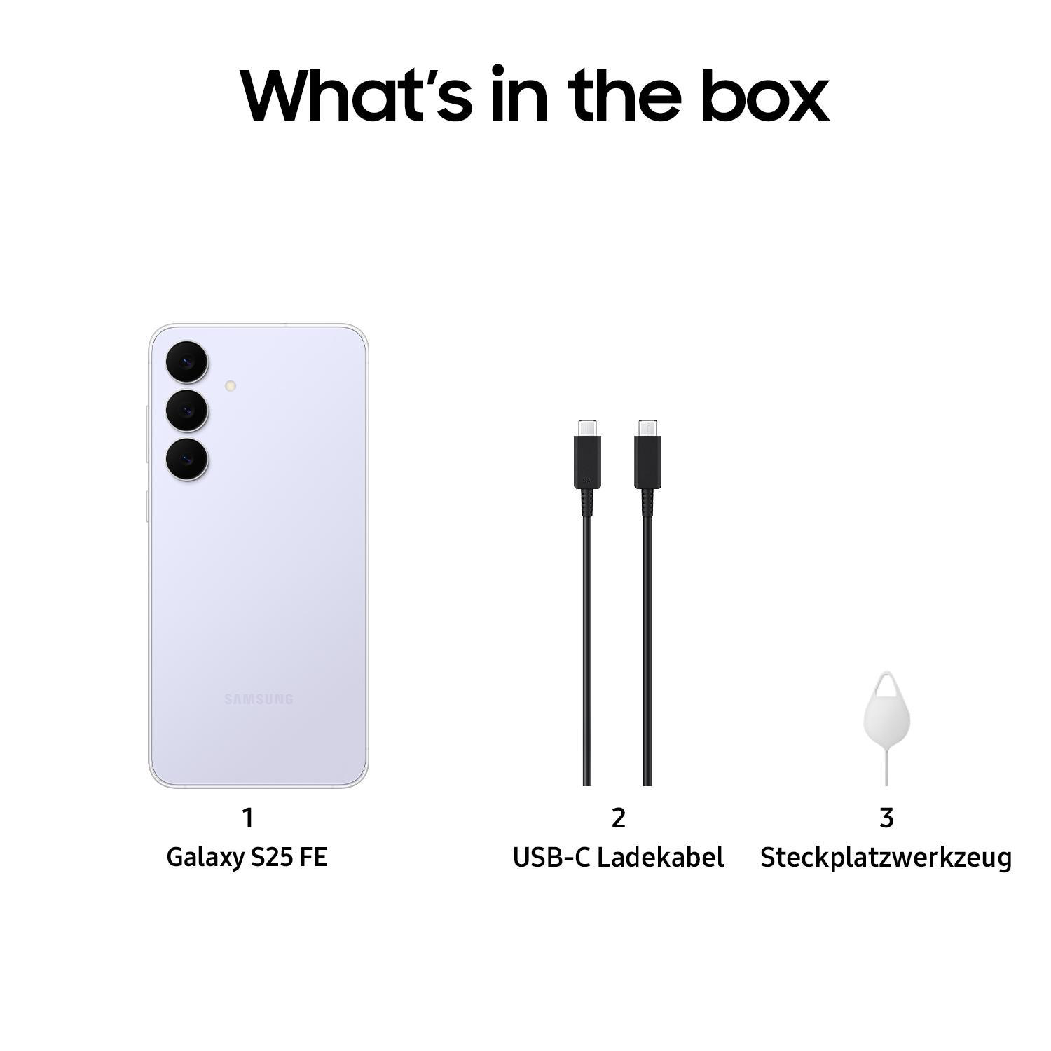 Das Bild zeigt den Inhalt einer Box: Galaxy S25 FE-Telefon, USB-C-Kabel und SIM-Karten-Auswurfwerkzeug. Text lautet 'Was ist in der Box'.