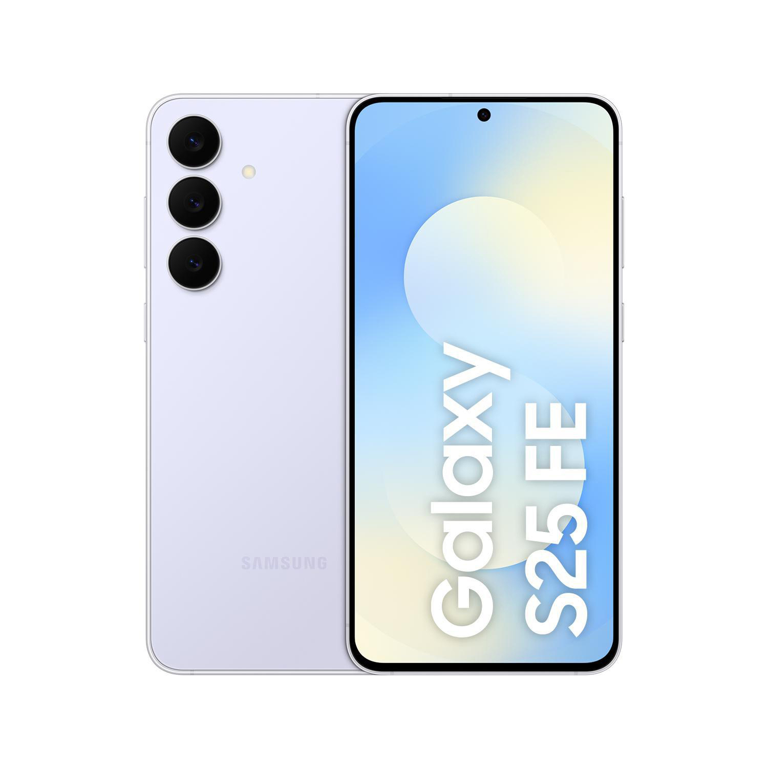 Ein lavendelfarbenes Samsung Galaxy S25 FE Smartphone. Es hat drei Rückkameras, einen Bildschirm mit einem hellblauen Farbverlauf und den Text 'Galaxy S25 FE'.