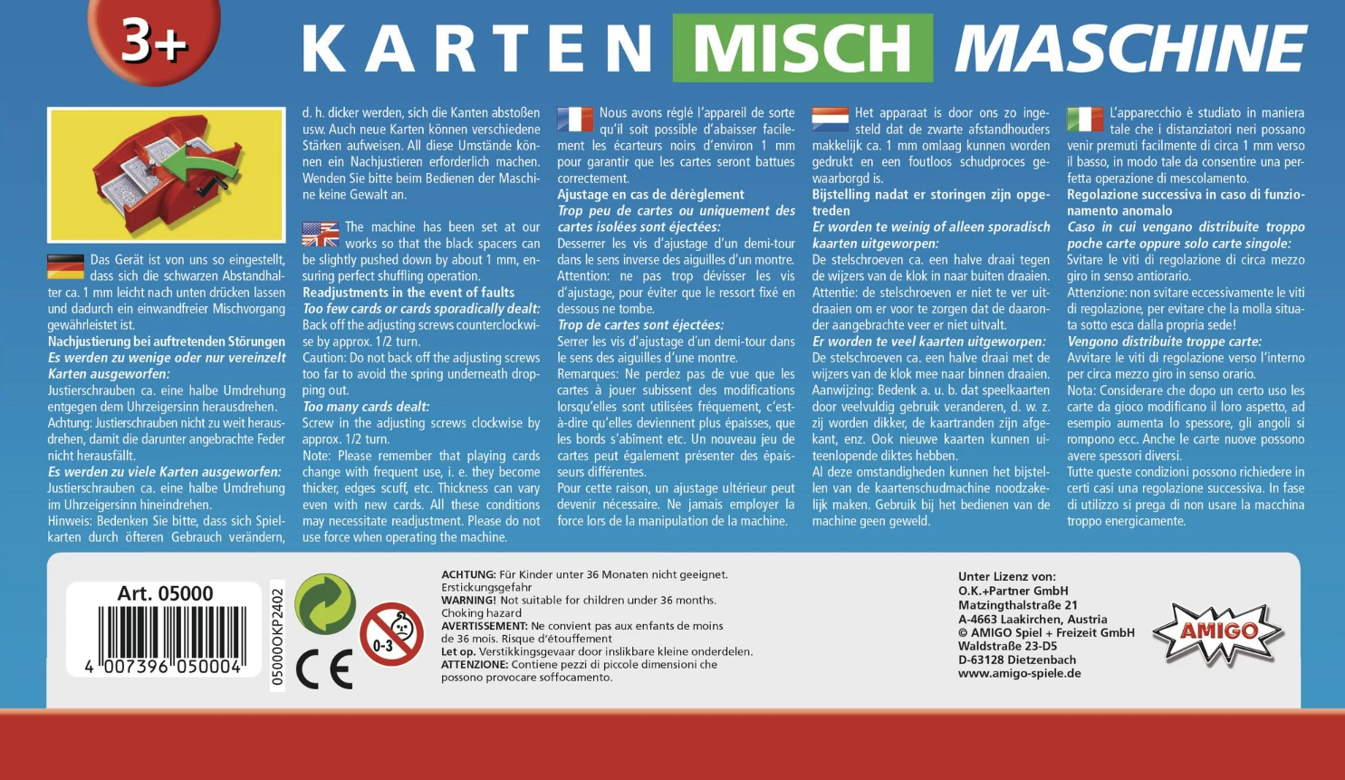 Anleitung für eine Kartenmischmaschine mit Text, Warnhinweisen und Herstellerinformationen.