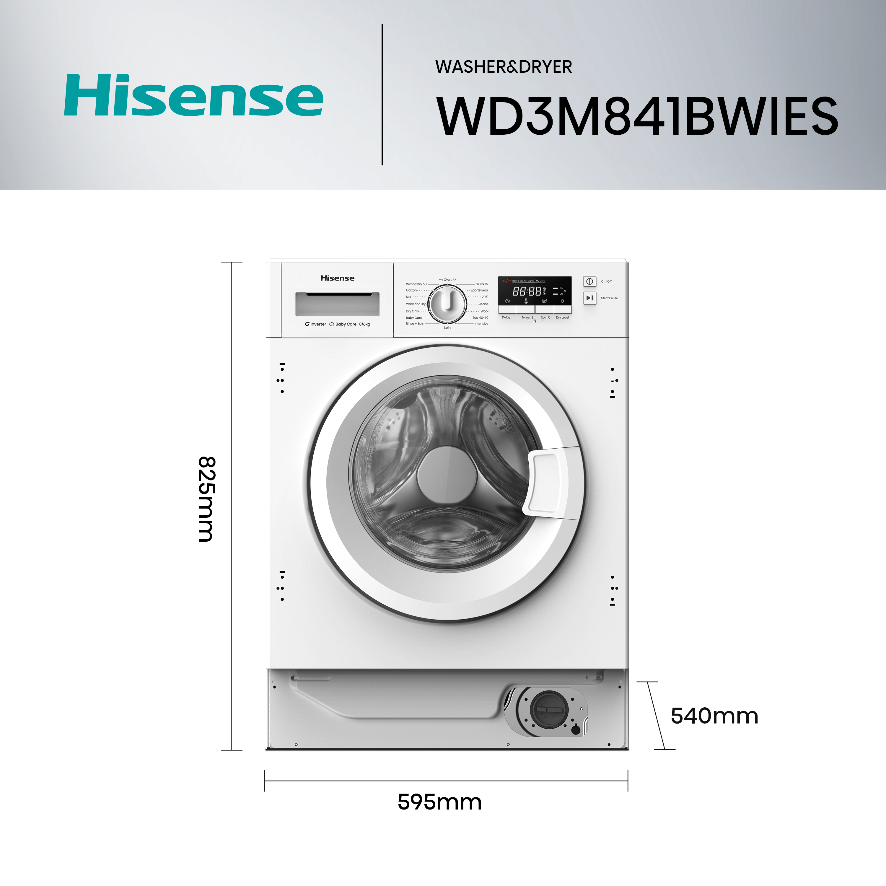 Lavadora-secadora Hisense blanca. Tiene un panel de control, pantalla digital y puerta. Dimensiones etiquetadas.