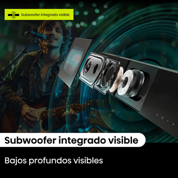 Hombre tocando guitarra, altavoz con componentes visibles, texto 'Subwoofer integrado visible'.
