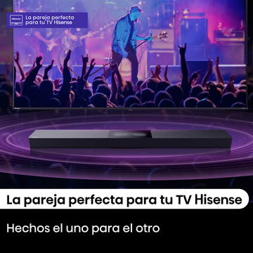 Un televisor muestra una escena de concierto. Debajo, una barra de sonido con efecto de onda púrpura. Texto: 'La pareja perfecta'.