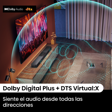 Una configuración de cine en casa con un televisor mostrando un concierto, una barra de sonido y ondas de sonido virtuales.