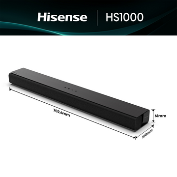 Barra de sonido Hisense HS1000 negra con dimensiones etiquetadas. Tiene una parte frontal de malla y luces indicadoras.