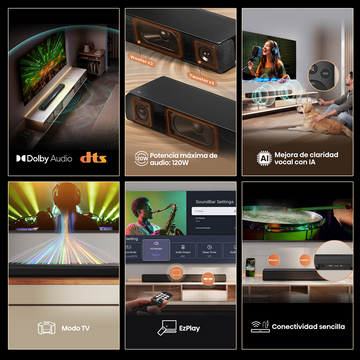 Una barra de sonido se muestra con funciones como Dolby Audio y claridad vocal con IA. Las imágenes muestran diferentes configuraciones y controles.