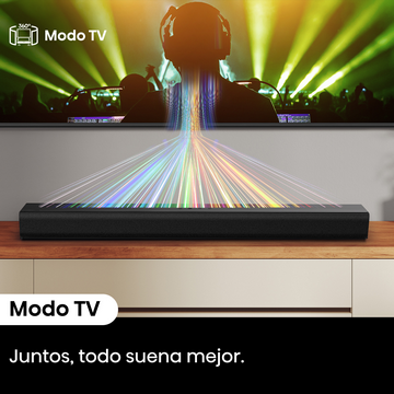 Barra de sonido con haces de luz a una persona con auriculares, frente a un televisor, con texto 'Modo TV' y 'Juntos, todo suena mejor'.