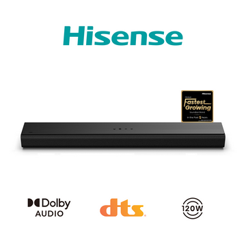 Barra de sonido Hisense negra con logo y distintivo 'Fastest Growing'. Iconos Dolby Audio, DTS y 120W también están presentes.