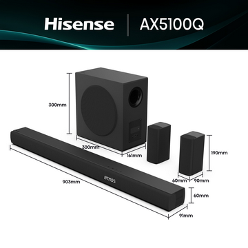 Sistema de barra de sonido Hisense AX5100Q negro. Incluye barra de sonido, subwoofer y dos altavoces satélite. Se muestran dimensiones.