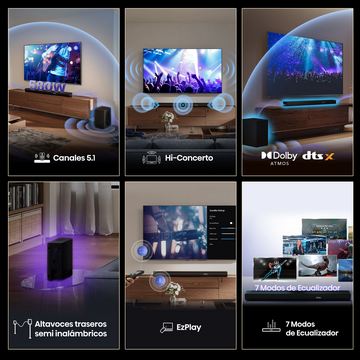 Imágenes que muestran un sistema de barra de sonido con TV, subwoofer y altavoces traseros. Incluye 5.1 canales y Dolby Atmos.