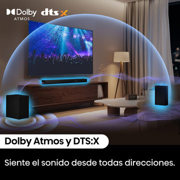 Una sala de estar con TV, barra de sonido, altavoces y luz. La escena está iluminada por efectos de luz azul.