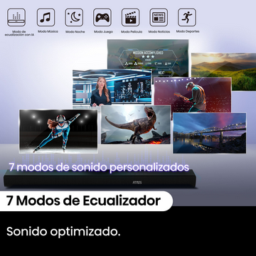 Barra de sonido con imágenes de deportes, noticias y películas. El texto dice '7 modos de sonido personalizados' y '7 Modos de Ecualizador'.